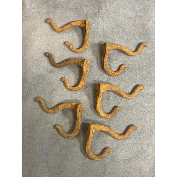 6 Antique Vintage Rustic Cast Wrought Iron Wall COAT HOOKS Hardware 3" RUSTY - Picture 1 of 11